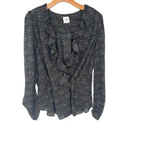 Cabi Black blouse Heart Print Ruffle eros Size Medium Womens Long Sleeve Top